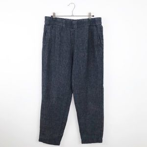 Eileen Fisher organic linen denim look dark blue pants.